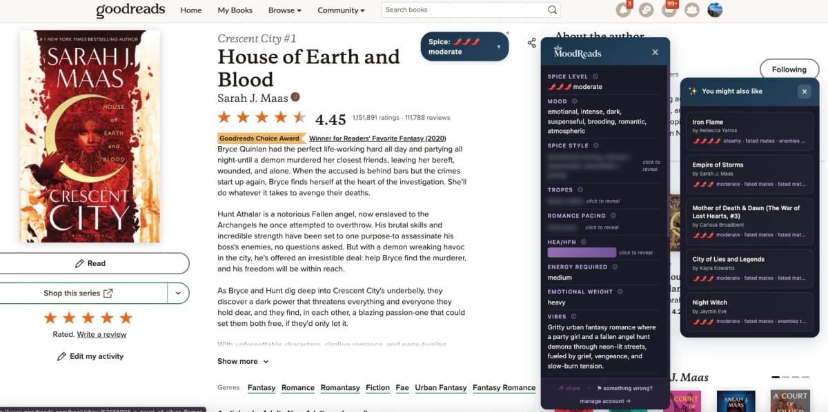 MoodReads Chrome extension showing spice levels on Goodreads