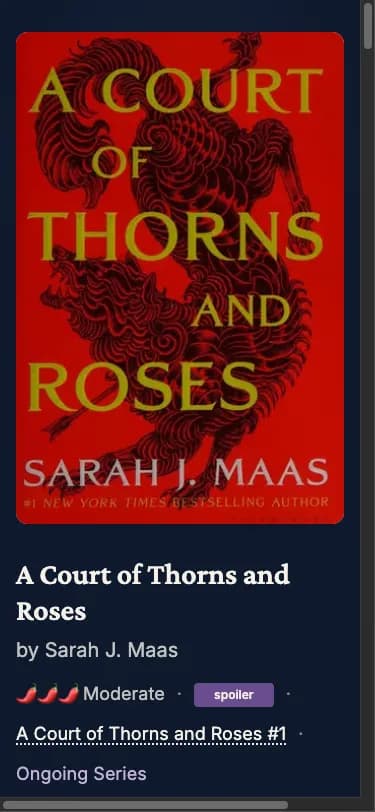 MoodReads book detail page showing spice level, series info, and metadata for A Court of Thorns and Roses