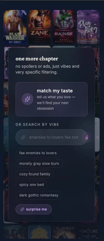 MoodReads BookMatch search showing vibe-based discovery with tags like enemies to lovers, morally gray, cozy found family