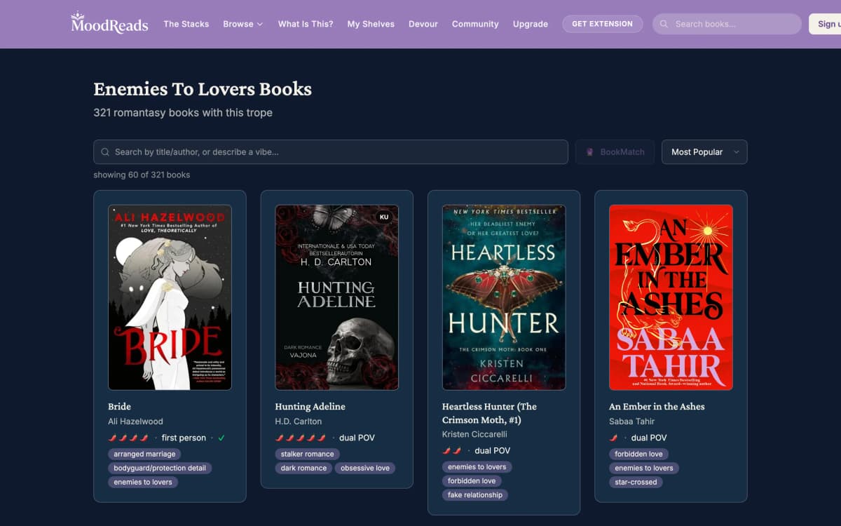 MoodReads enemies-to-lovers browse page showing 321 books filterable by trope, spice, and more