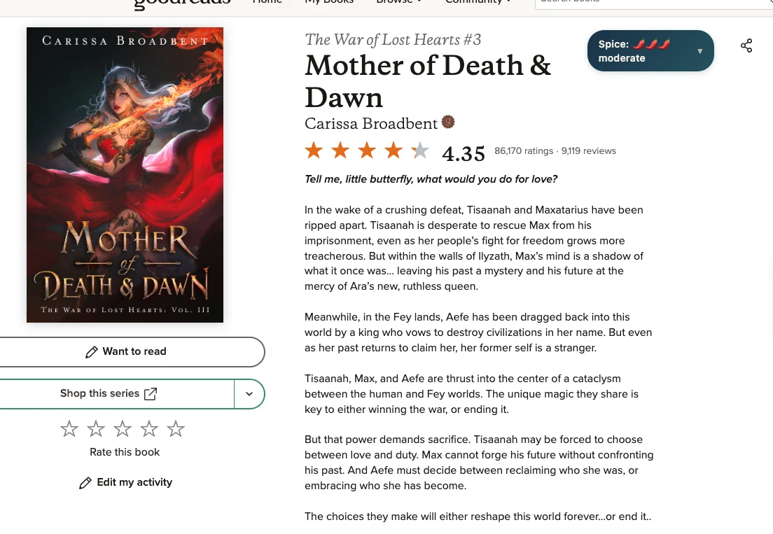 MoodReads spice badge showing moderate spice level on a Goodreads book page