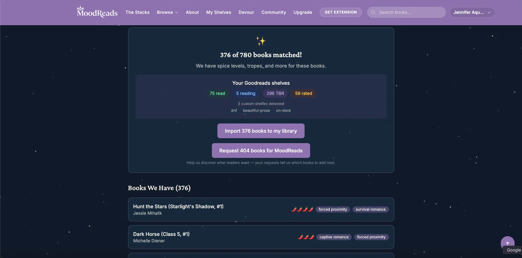 MoodReads Goodreads import showing 376 of 780 books matched with shelf breakdown and book request option